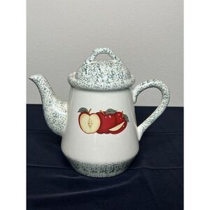 T.H.T. 1995 Sponge Green Apple Design Large Handle Lid Stoneware  Coffee Tea Pot